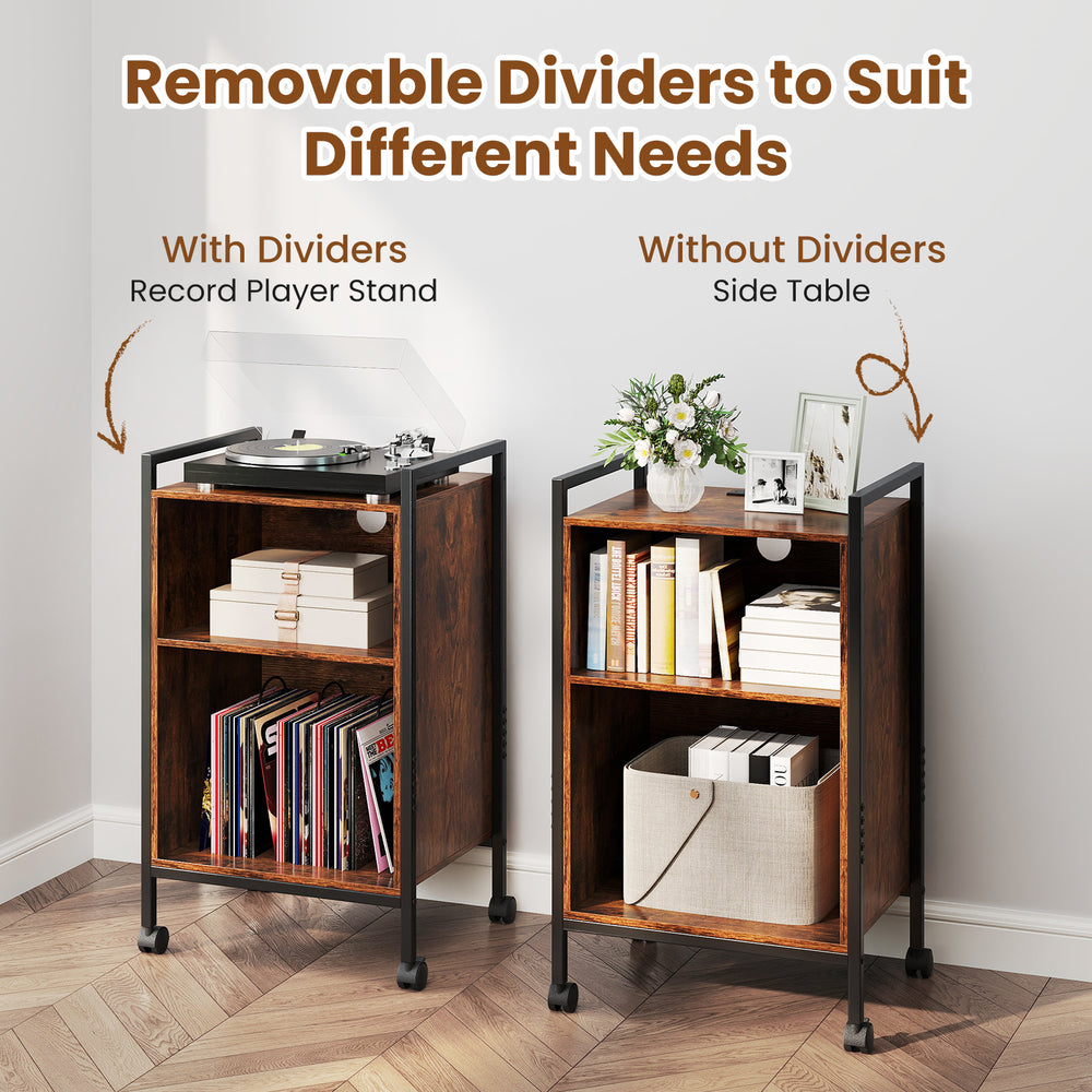 Mobile record player stand in rustic brown with removable dividers, ideal for vinyl storage or as a side table.