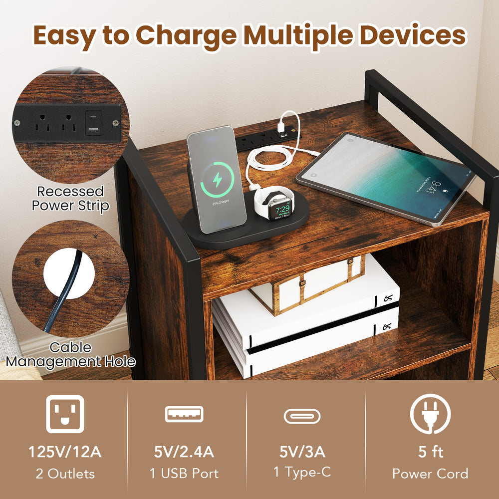 Mobile record player stand in rustic brown with power outlet, featuring cable management and 3-tier storage for vinyl.