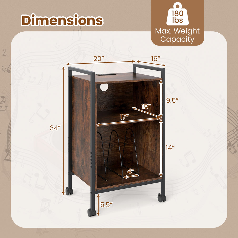Mobile record player stand in rustic brown with dimensions, featuring 3-tier storage and cable management for vinyl.