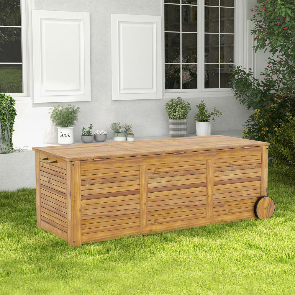 Rolling patio wooden deck box made of acacia wood with 48-gal capacity, featuring wheels and side handle for easy.