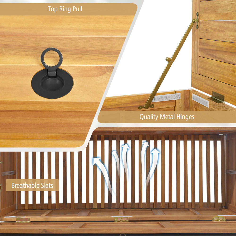 Top view of the rolling patio wooden deck box featuring breathable slats, quality metal hinges, and a ring pull handle.