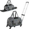 Rolling pet carrier in blue with wheels, telescopic handle, and mesh windows for comfortable pet transport.