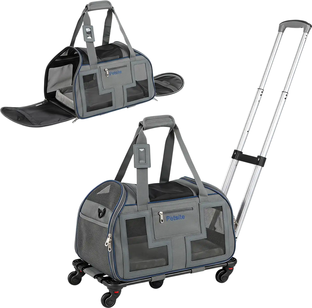 Rolling pet carrier in blue with wheels, telescopic handle, and mesh windows for comfortable pet transport.