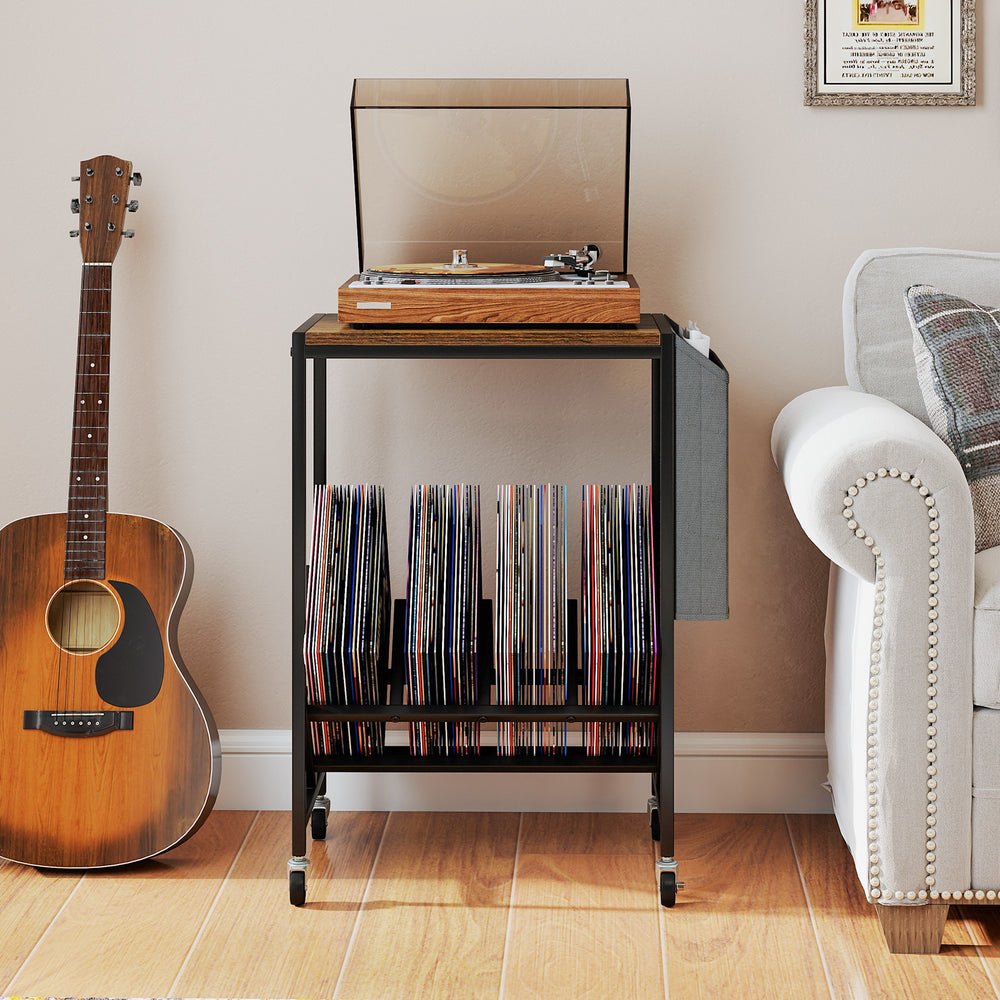 Rolling record player stand in rustic brown with vinyl storage, featuring a wide tabletop and smooth rolling wheels.