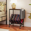 Rolling record player stand featuring a storage pouch on the side, rustic brown finish, and heavy-duty metal frame.