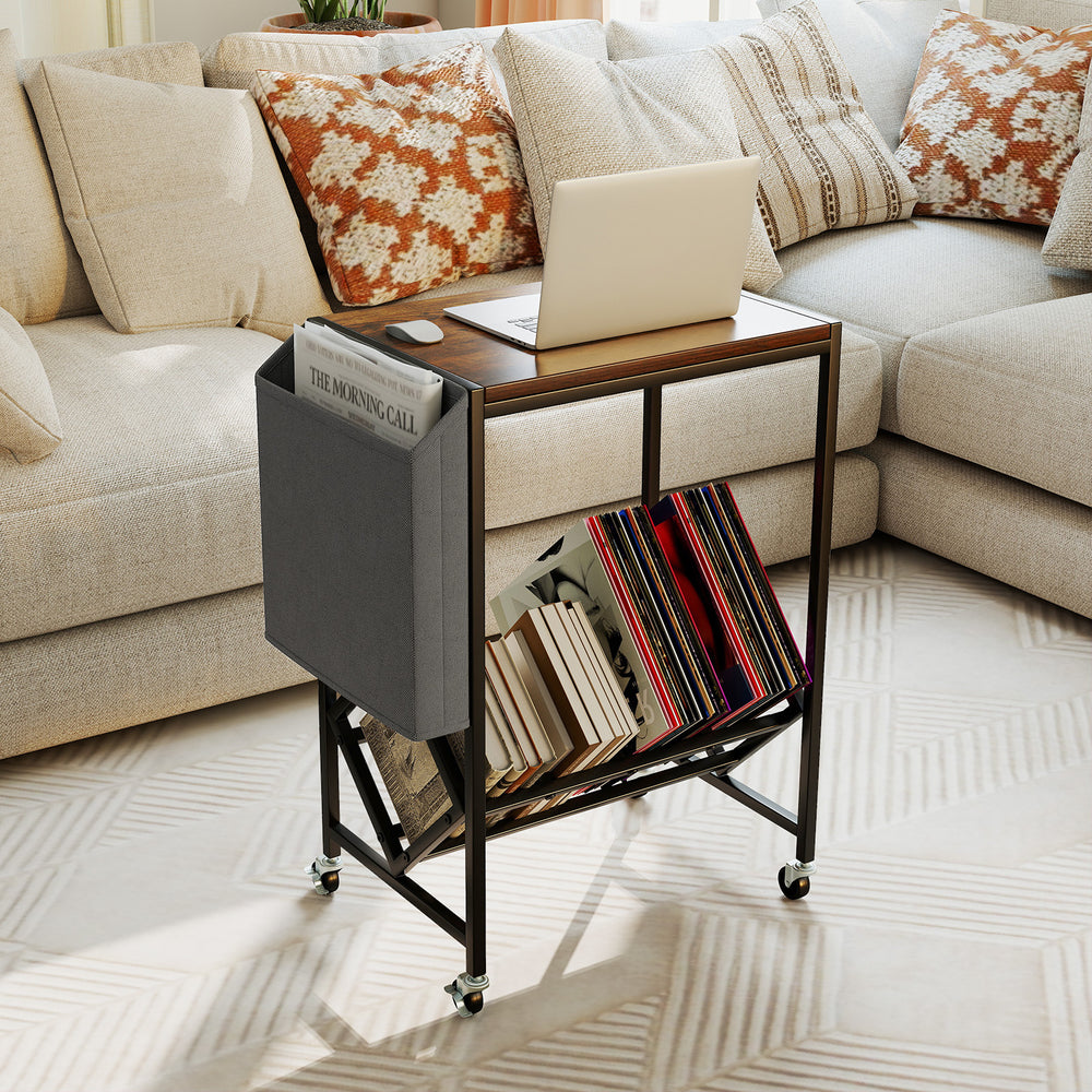 Rolling record player stand in rustic brown with vinyl storage and magazine holder, perfect for organizing your audio.