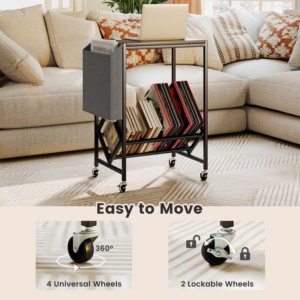 Rolling record player stand with vinyl storage, rustic brown finish, featuring 4 wheels for easy mobility and stability.