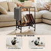 Rolling record player stand with vinyl storage, rustic brown finish, featuring 4 wheels for easy mobility and stability.