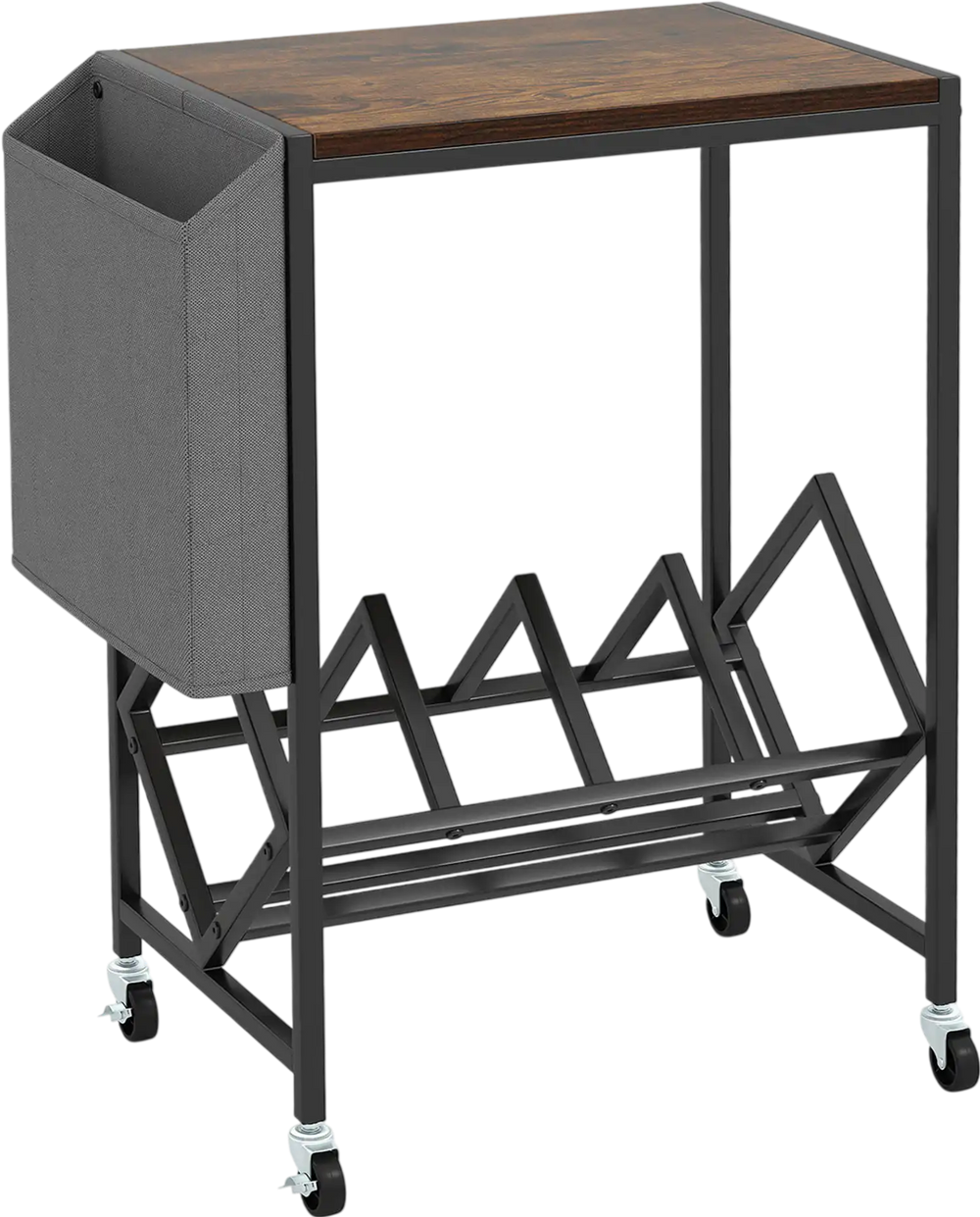 Rolling record player stand with a rustic brown top and magazine holder bag, featuring a sturdy metal frame and rolling.