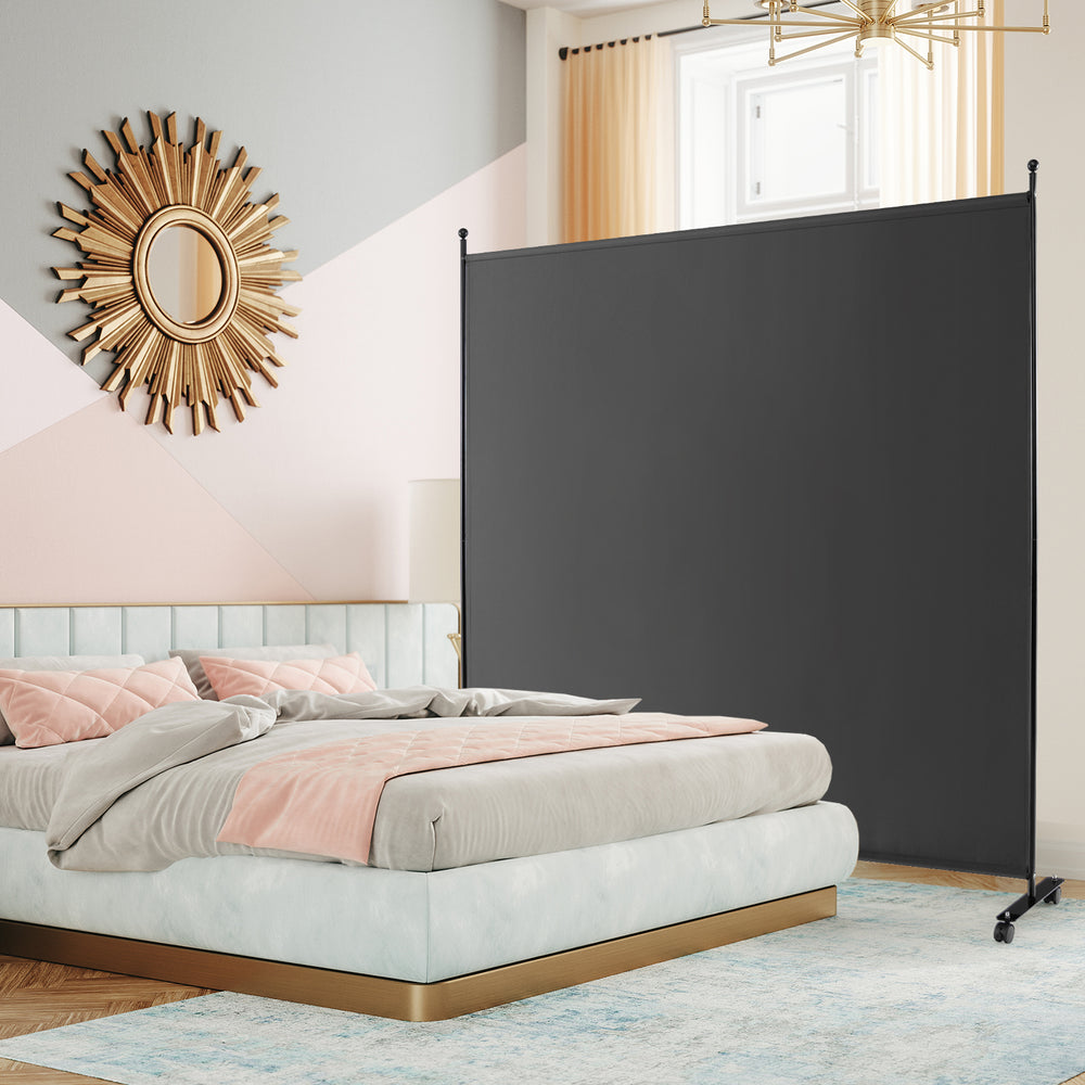Dark gray 6 feet rolling room divider with smooth wheels, ideal for home or office privacy and easy mobility.