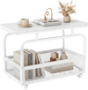 Narrow rolling side table features a stylish faux marble top and a breathable mesh basket for convenient storage solutions.