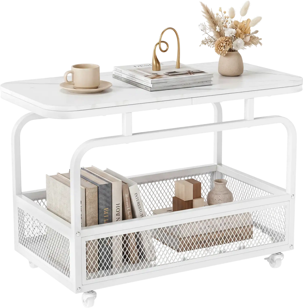 Narrow rolling side table features a stylish faux marble top and a breathable mesh basket for convenient storage solutions.