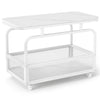 Rolling side table with a faux marble top and metal mesh storage basket, perfect for small spaces and easy repositioning.