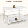 Dimensions of the white rolling side table with a faux marble top, featuring a mesh storage basket and smooth-rolling wheels.