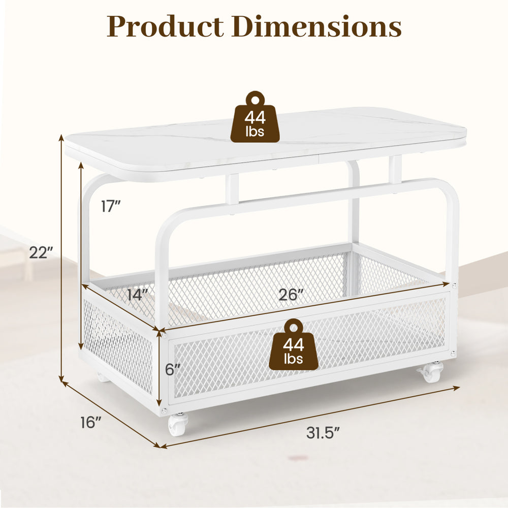 Dimensions of the white rolling side table with a faux marble top, featuring a mesh storage basket and smooth-rolling wheels.