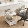 Rolling side table with a faux marble top and mesh storage basket, perfect for small spaces and easy repositioning.