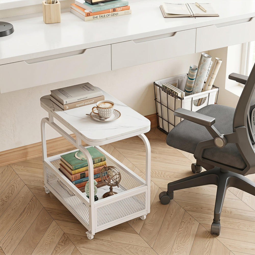 Rolling side table with a faux marble top and mesh storage basket, perfect for small spaces and easy repositioning.