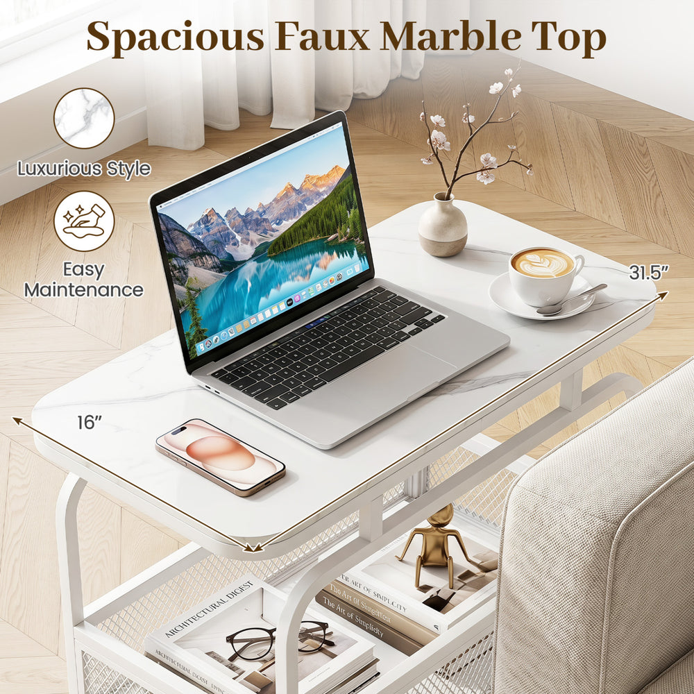 Rolling side table with a 31.5" faux marble top and mesh storage basket, perfect for small spaces and easy maintenance.