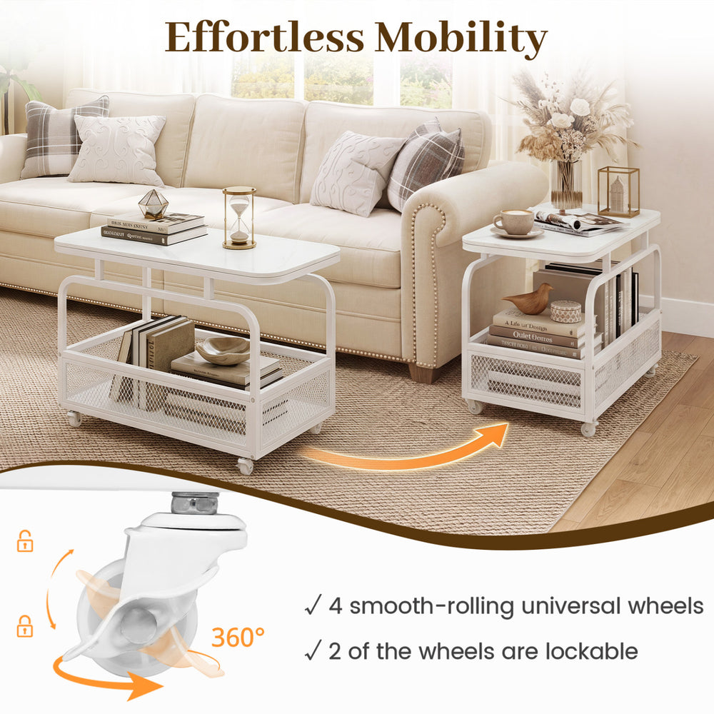 Rolling side table with a faux marble top, metal mesh basket, and lockable wheels for easy mobility and storage.