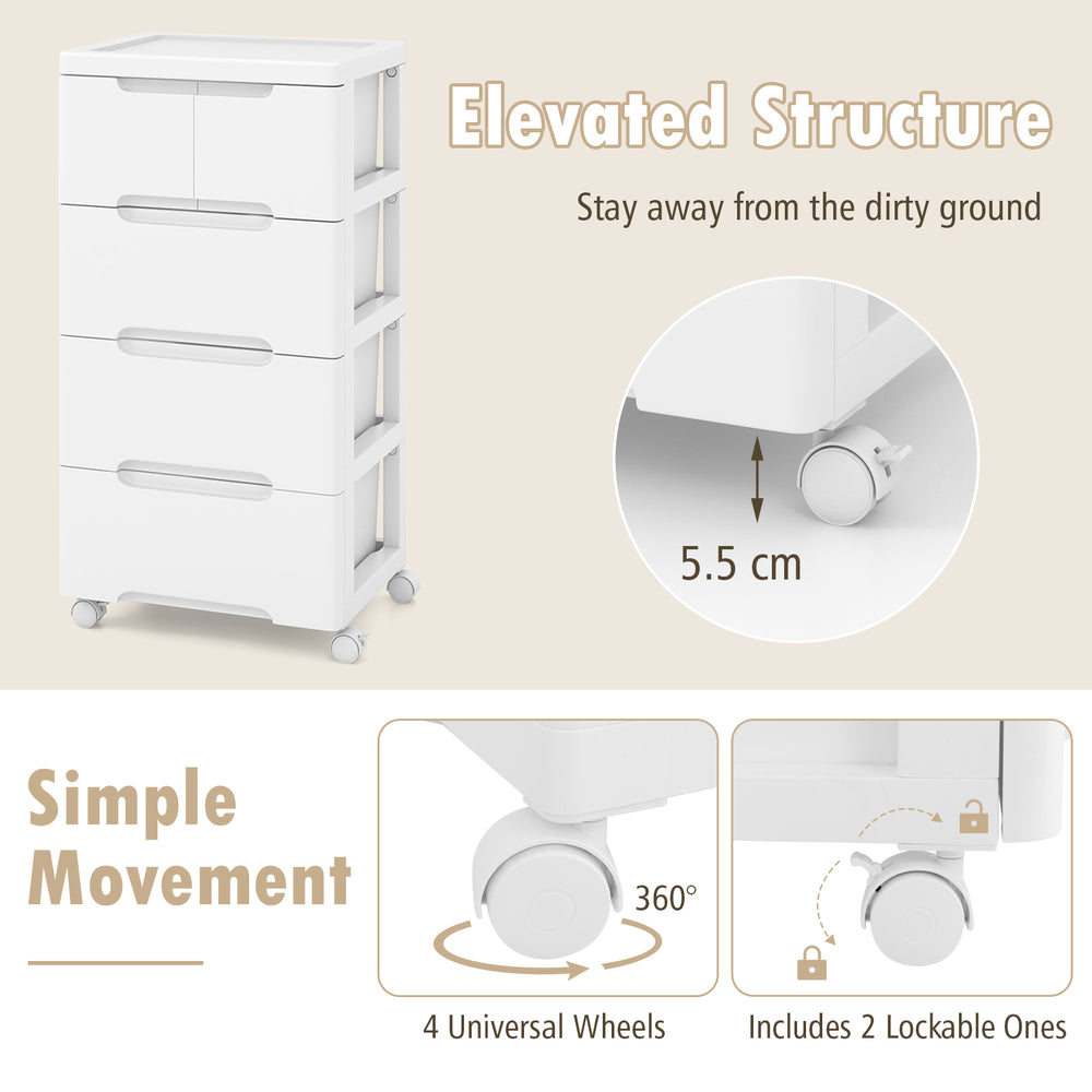 Rolling storage cabinet with 5 drawers, elevated design, and 4 universal wheels for easy movement and accessibility.