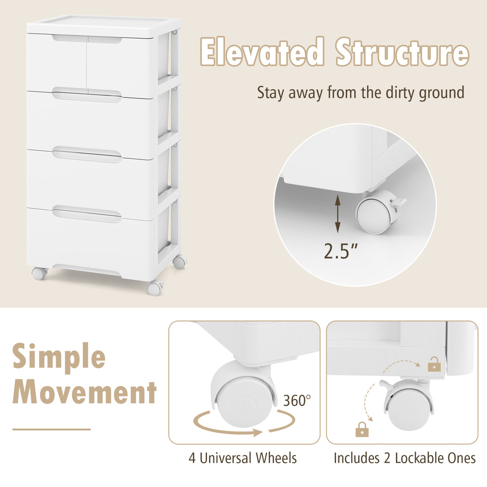 Rolling storage cabinet with 5 drawers, elevated design, and 4 universal wheels for easy mobility and organization.