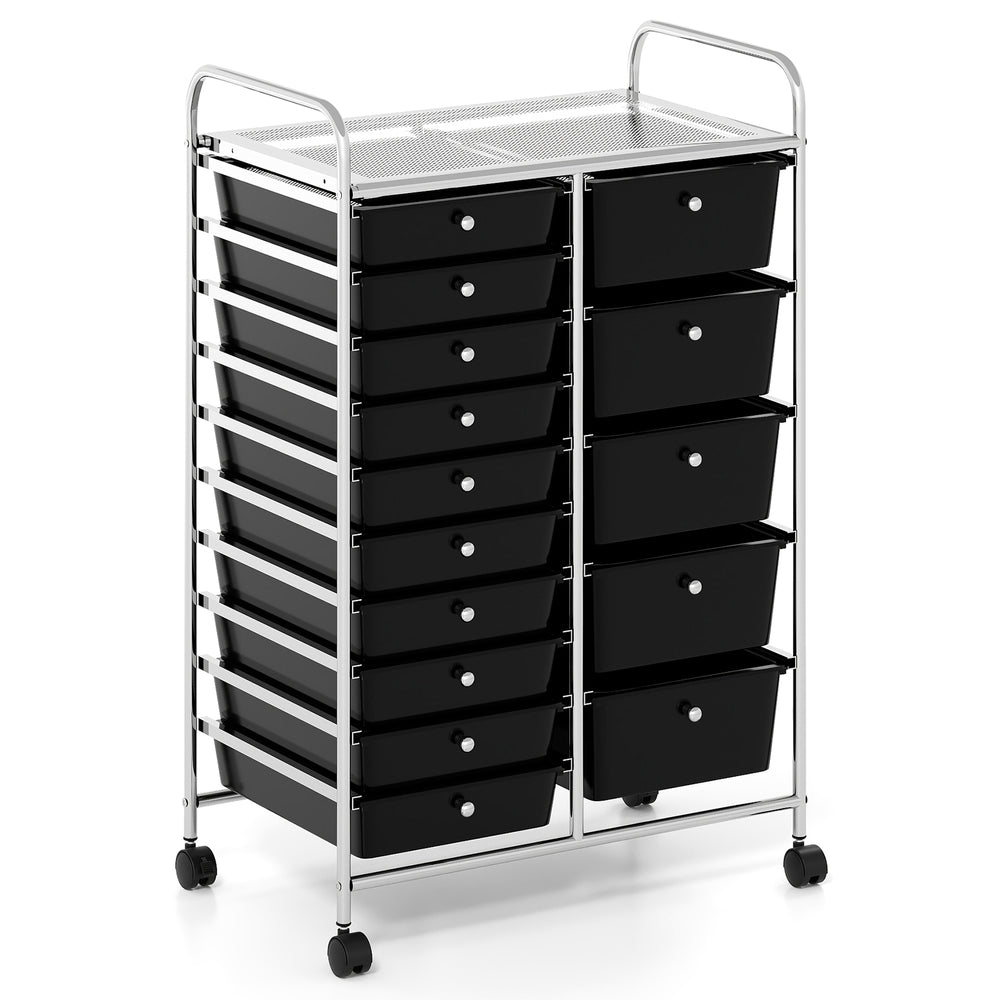 Rolling storage cart with 15 black drawers and chrome-plated metal frame, ideal for home, dorms, or classrooms.