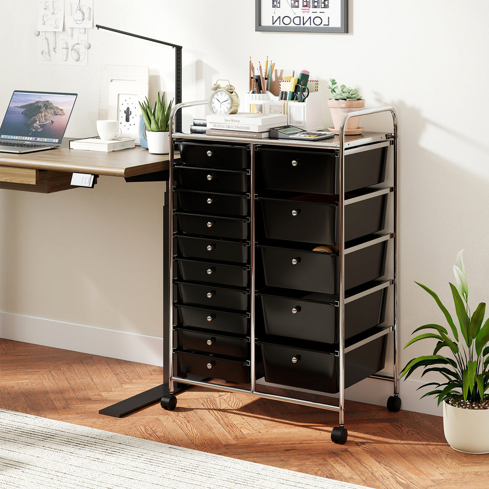 Rolling Storage Cart 15-Drawer Trolley with Chrome Plated Metal Frame-Black - Gallery View 1 of 10