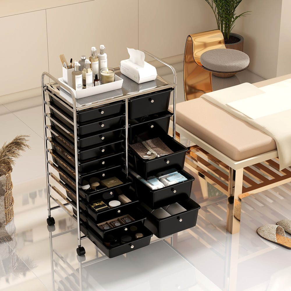 15-drawer rolling storage cart with chrome-plated metal frame, ideal for organizing beauty products in home or.