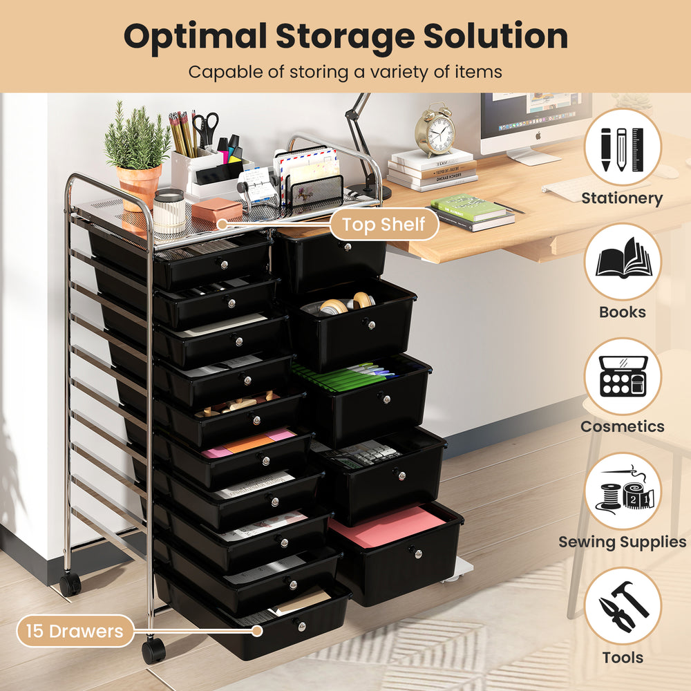 Rolling storage cart with 15 black drawers and chrome-plated metal frame, ideal for organizing stationery and supplies.