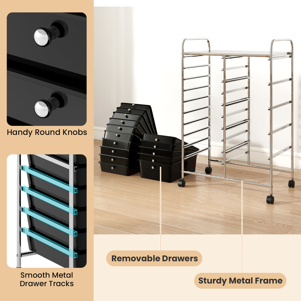 15-drawer rolling storage cart with chrome-plated metal frame, featuring removable drawers and handy round knobs for.