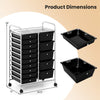 15-drawer rolling storage cart with chrome-plated metal frame, dimensions shown for versatile organization in various.