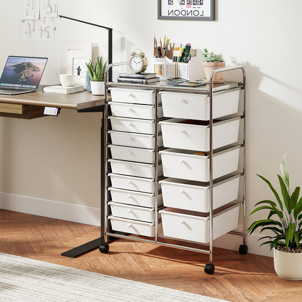 Rolling Storage Cart 15-Drawer Trolley with Chrome Plated Metal Frame-White - Gallery View 1 of 10