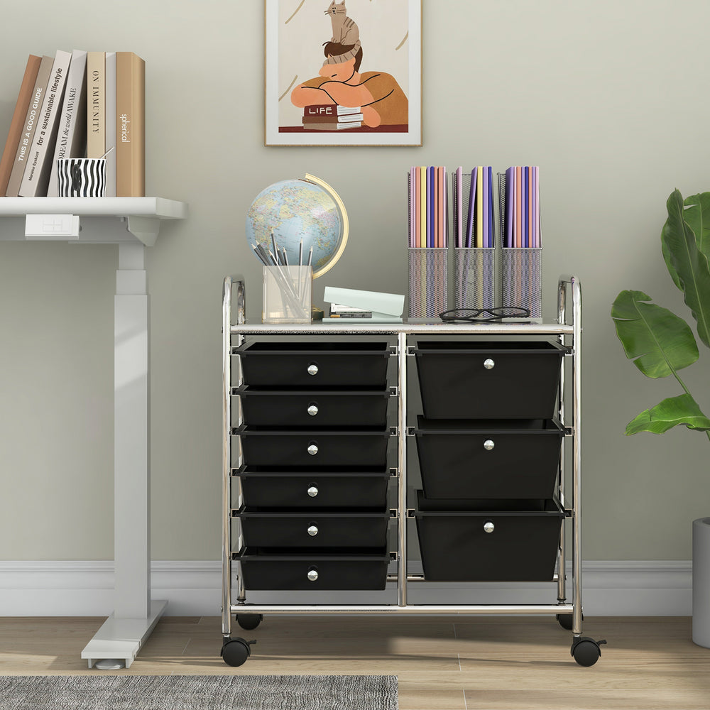 9-drawer rolling storage cart with black drawers and metal frame, perfect for home or office organization.