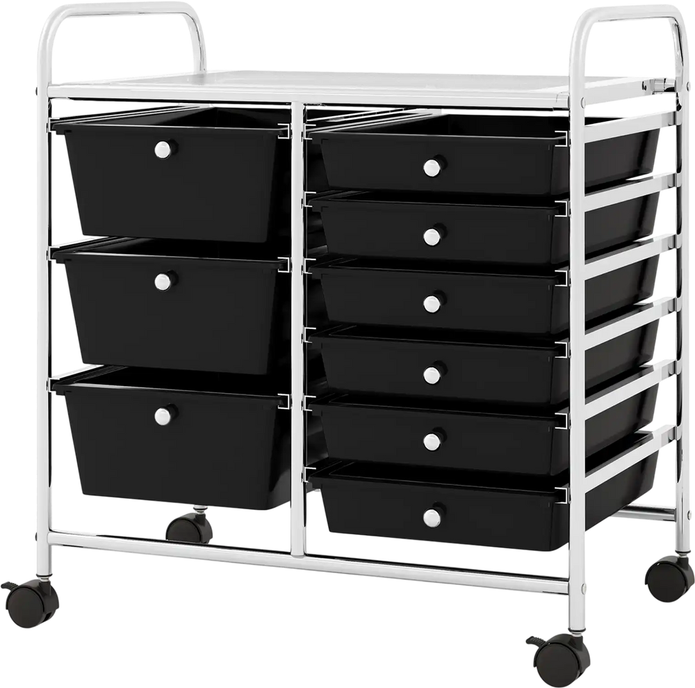 9-drawer rolling storage cart showcasing removable black drawers and sturdy metal frame, perfect for versatile.