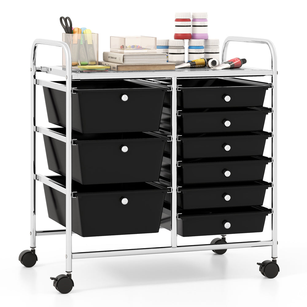 9-drawer rolling storage cart with black drawers and metal frame, ideal for home or office organization on wheels.
