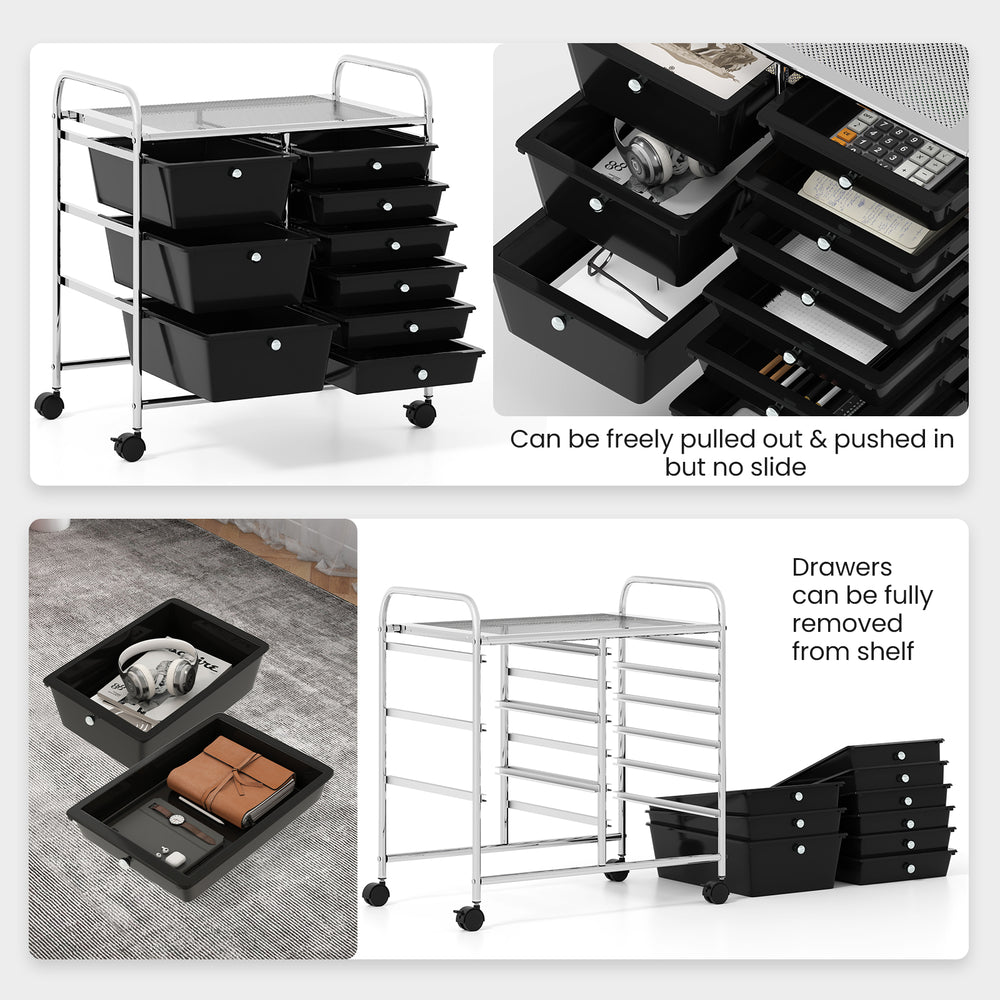 9-drawer rolling storage cart with black drawers and metal frame, ideal for home or office organization.