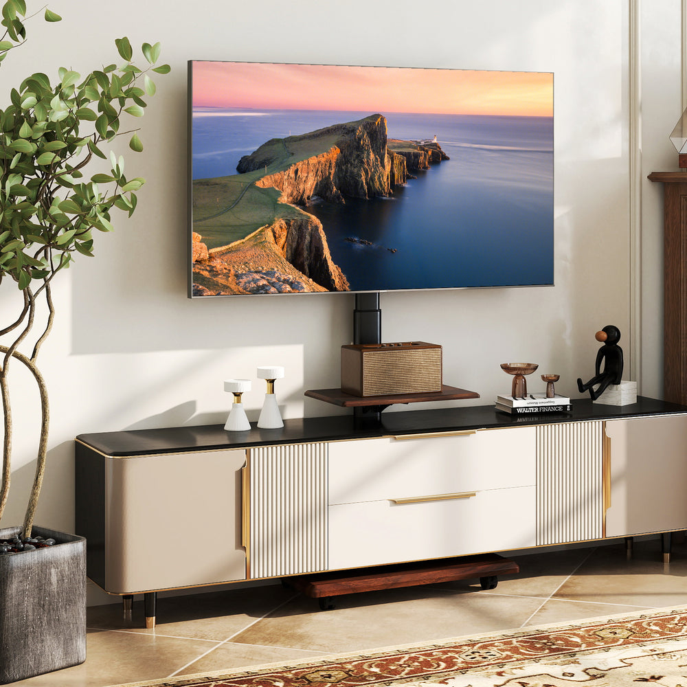 Rolling TV stand on wheels for 32-75 inch TVs, featuring adjustable height and two storage shelves for easy.