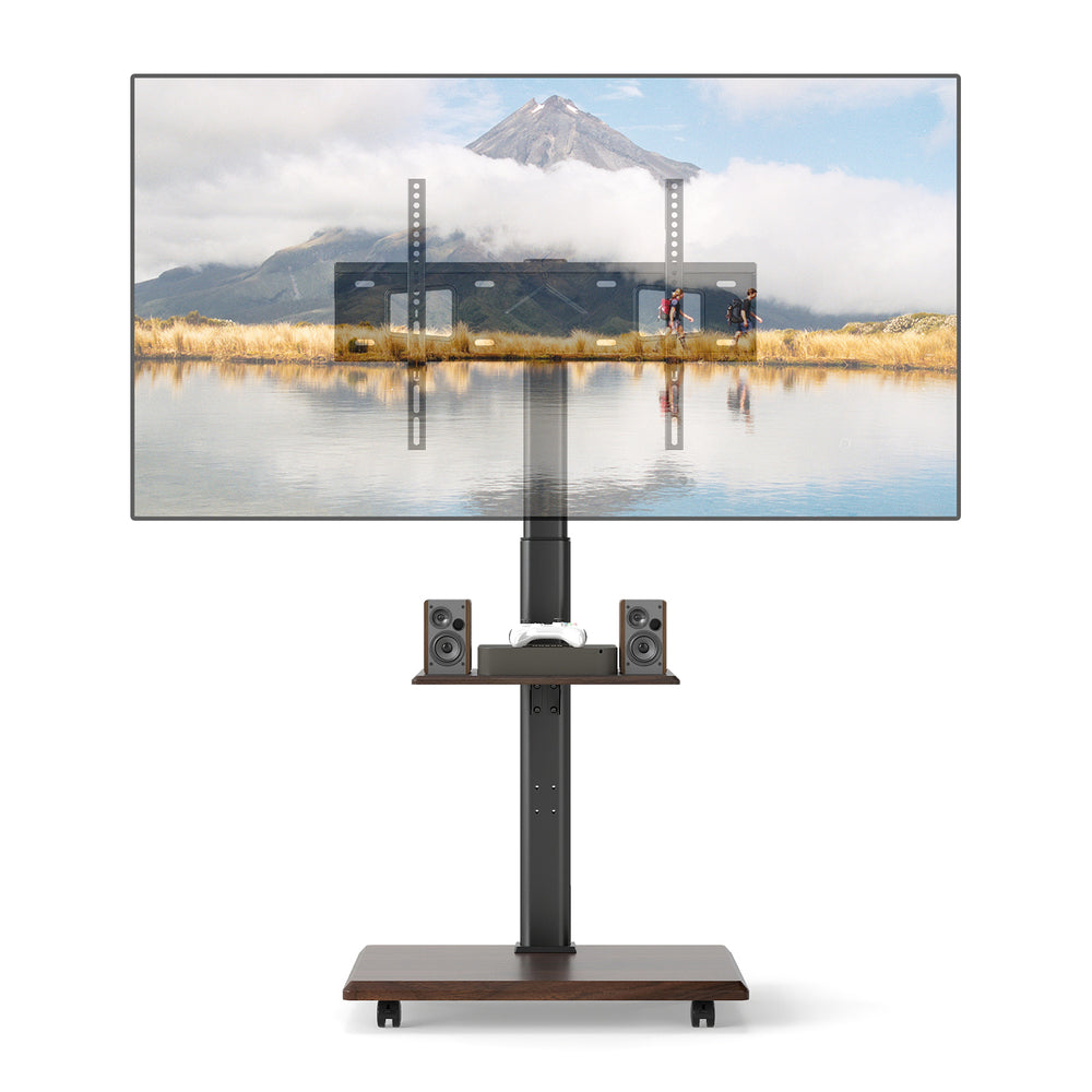 Mobile TV cart for 32-75 inch TVs with a ±30° tilt mount, two shelves, and 4 rolling casters for easy mobility.