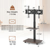 Rolling TV stand on wheels for 32-75 inch TVs, featuring adjustable height, storage shelves, and cable management.
