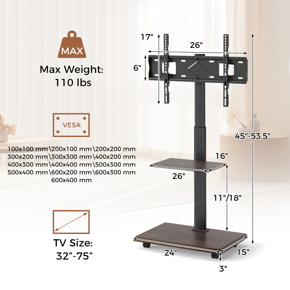 Rolling TV stand on wheels for 32-75 inch TVs, featuring adjustable height, storage shelves, and cable management.