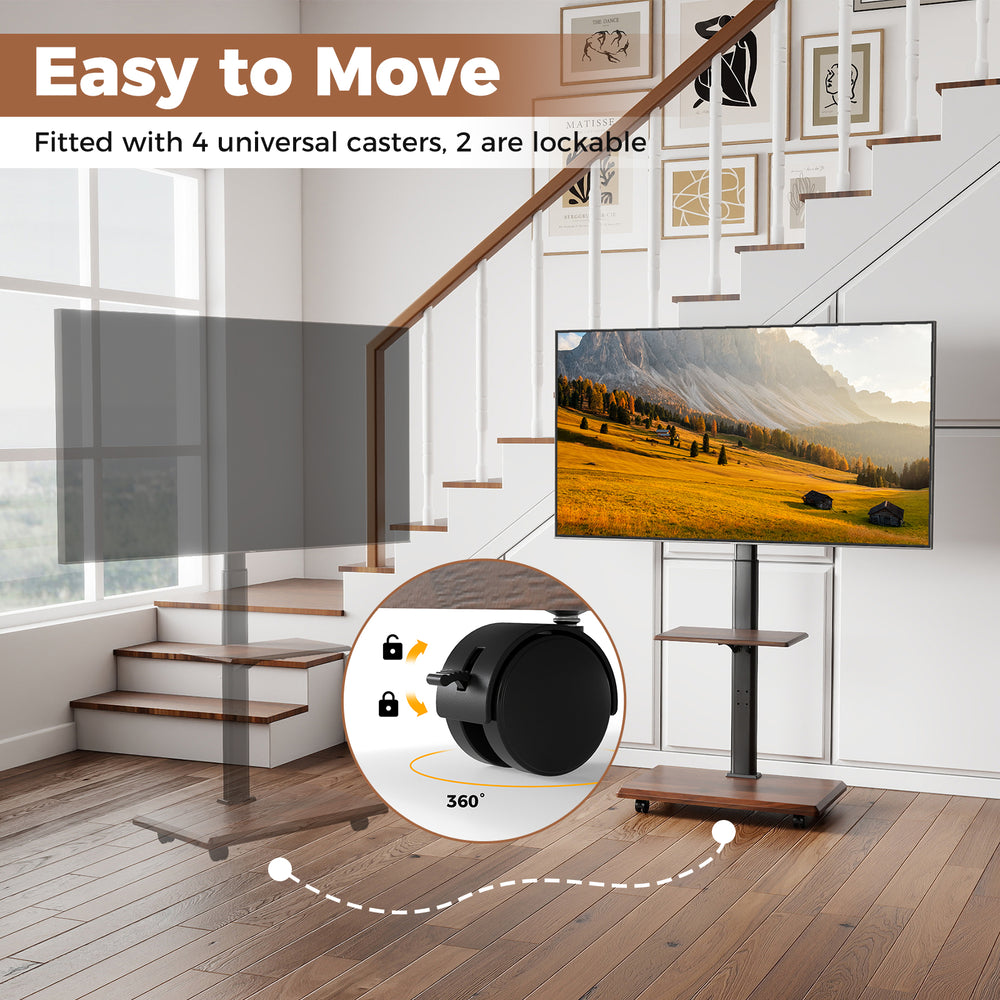 Rolling TV stand on wheels for 32-75 inch TVs with height adjustment and 4 universal casters for easy mobility.
