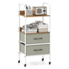 Rolling utility storage cart with 2 open shelves and 2 fabric drawers, featuring a rustic wood-like surface and wheels.