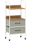 Rolling utility storage cart with two open shelves and two fabric drawers, featuring a natural wood-like surface and.