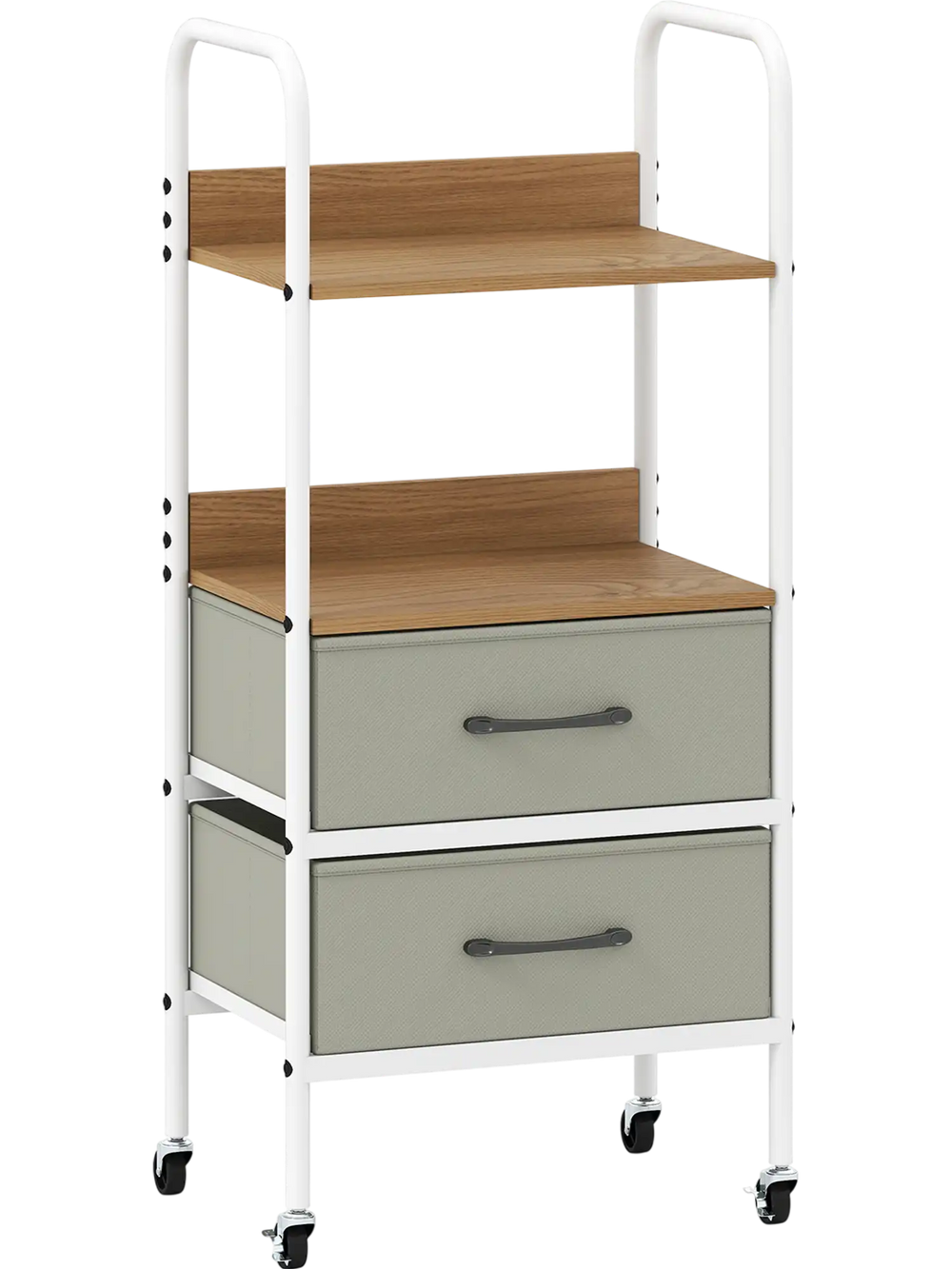 Rolling utility storage cart with two open shelves and two fabric drawers, featuring a natural wood-like surface and.