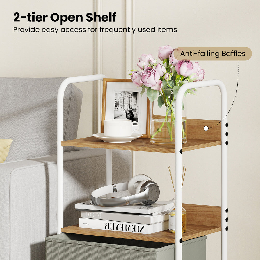 2-tier open shelf rolling utility cart with anti-falling baffles and fabric drawers, perfect for home office or kitchen.