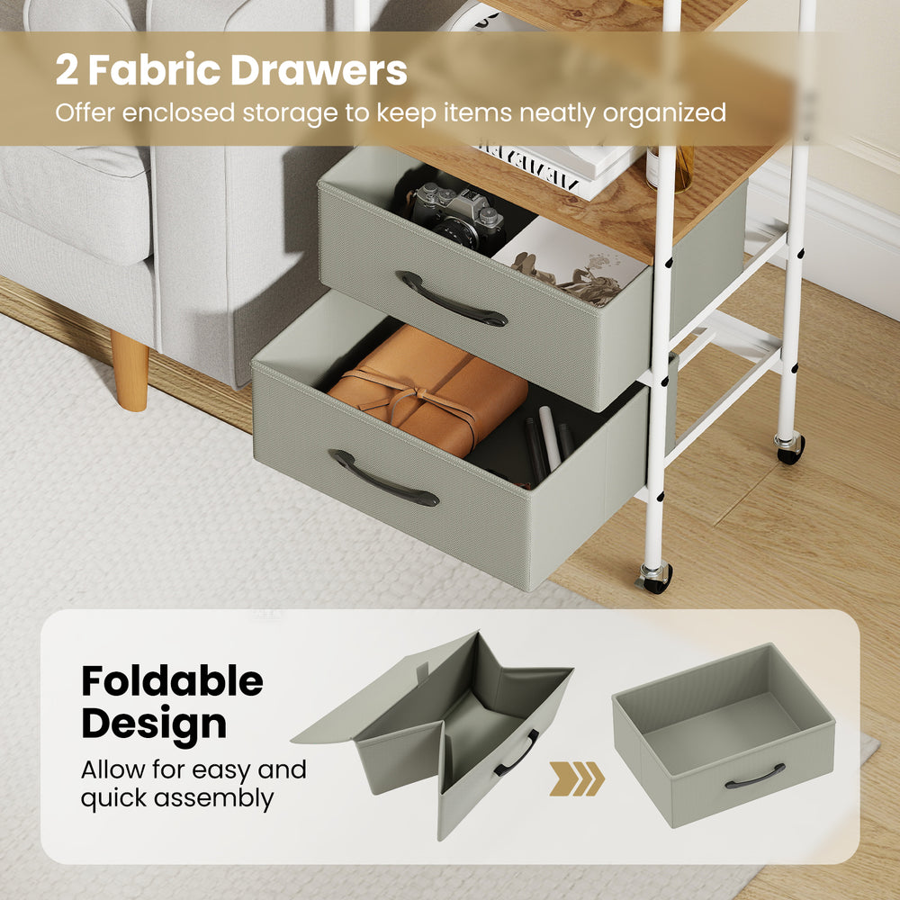 Rolling utility storage cart featuring two fabric drawers for organized storage and easy access, ideal for any living.