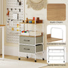 Rolling utility storage cart with 2 open shelves and 2 fabric drawers, featuring a rustic wood-like surface and sturdy.
