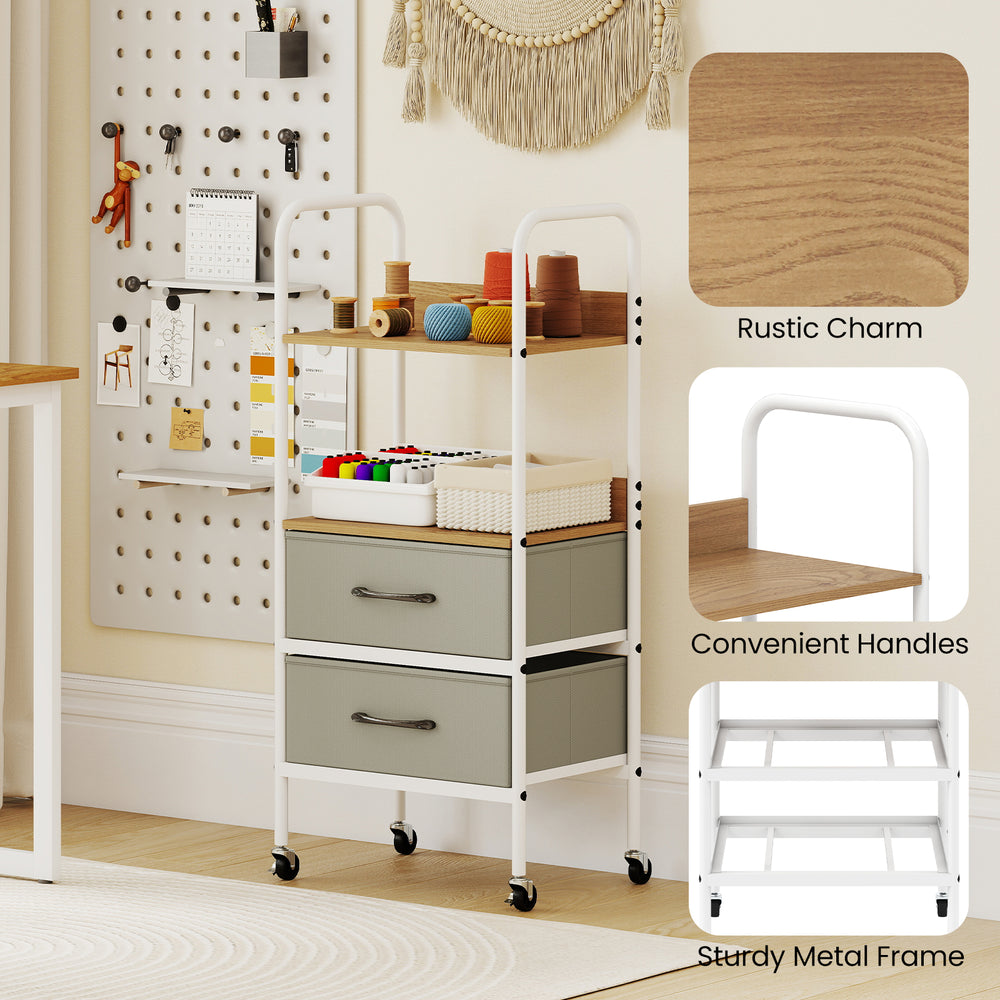 Rolling utility storage cart with 2 open shelves and 2 fabric drawers, featuring a rustic wood-like surface and sturdy.