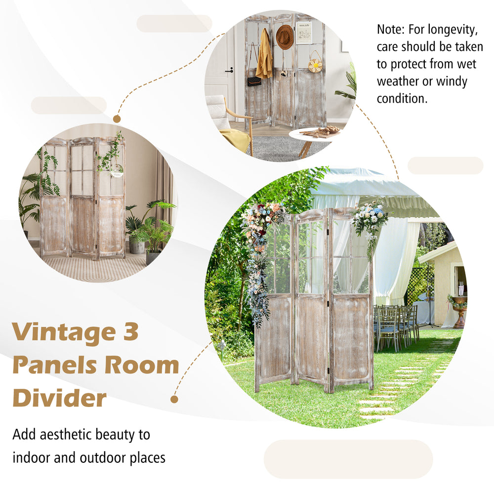 Vintage 6 feet folding privacy screen in coffee color, featuring a retro design and mesh windows for indoor and outdoor.