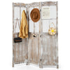 Folding privacy screen in coffee color with retro design, featuring mesh windows and a sturdy paulownia wood frame.